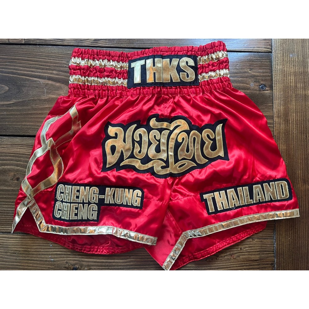 THKS Muay Thai Boxing Shorts Red Gold Satin Kickboxing MMA Thailand Mens Small